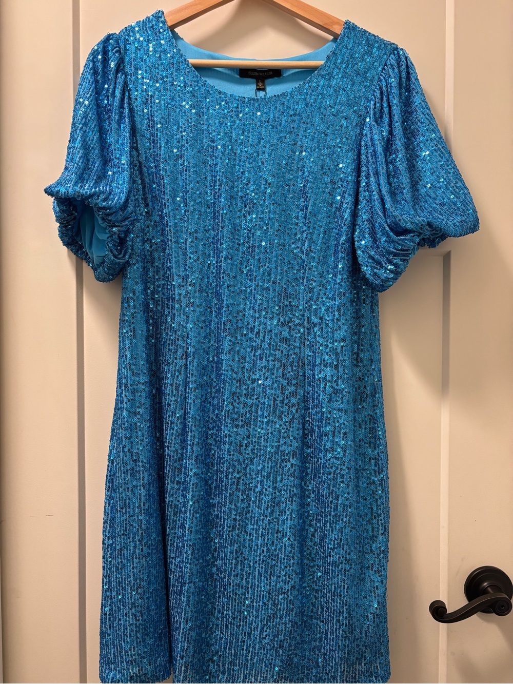 Sequin Puff-Sleeve Mini Dress in Bright Blue
